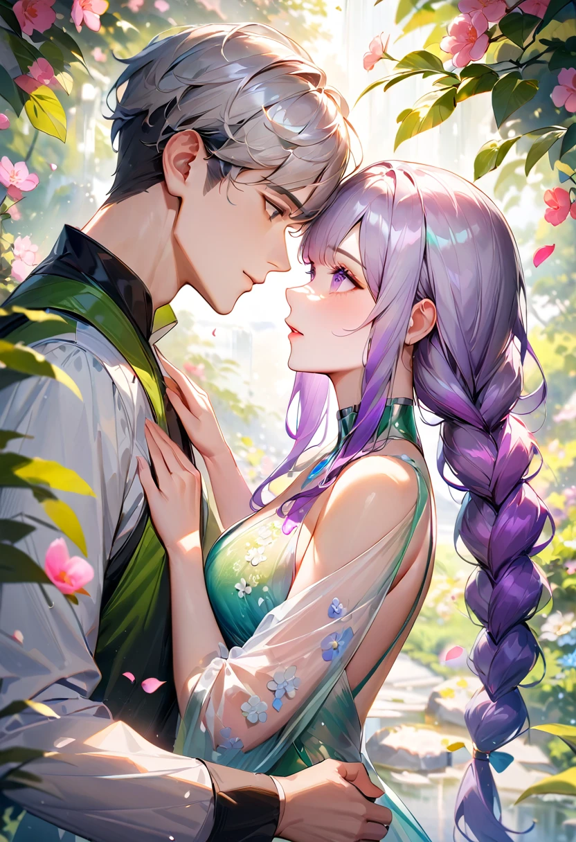 (A couple, beautiful girl and boy),(Look at each other), (best quality,very aesthetic,masterpiece),ultra-detailed,realistic,translucent morning of spring,body details,vibrant color palette,(yinji,purple_hair,purple_eyes,very_long_hair,grey_hair,braided_ponytail,gradient_hair),effects of light and shadow,subtle reflections,shimmering surface,sparkling gemstones,flower petals falling,floral patterns,emerald accents throughout,transparent springtime essence,ethereal atmosphere,peaceful garden background,serene ambiance,morning dew,soft sunlight filtering through trees,lush greenery,vividly colored blossoms,harmonious blend of nature and art,impeccable craftsmanship,transcendent beauty,awe-inspiring artwork