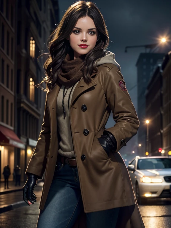 Rachel Bilson、(masterpiece:1.0), (Highest_quality:1.2), (Dark Shot:1.3), Classic Rogue, 1991 Rogue X-Men, 1 girl, Only 1, Head to Toe, standing on street corner, Elegant pose, (clothing: Brown winter coat, Brown color hood, Down lining, White scarf, gloves, jeans) Medium length hair, Brown Hair, Wavy Hair, One gray hair, Green Eyes, Mischievous look, Grin, Lips parted, Red lipstick, Heavy makeup, Confident expression, Backlight, (realism: 1.5), (Realistic: 1.4), (Disorganized:1.4), 8k, Very detailed, Detailed beautiful woman, (background: Midnight, it's snowing, On the streets of New York, Snowy Night), Official Art, Very detailed CG Unity 8k wallpaper, Perfect lighting, colorful, 超High resolution, photograph, 8k, High resolution, Kodak Portrait 400, Film Grain, blurry background, (Bokeh:1.2), (Vibrant_color:1.2), Film Grain:1.2, (Warm colors, Warm Tones:1.2), (color photo), Professional Photograph