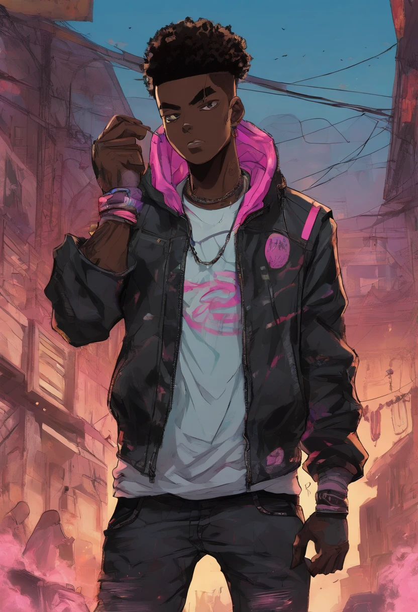 ((Post Apocalyptic World))dark skin guy with an faded haircut wearing black jacket and headphones, magenta eyes, tattooos on neck, gamer headset, goatee, handsome black man, trigger anime artstyle, [[[[grinning evily]]]], portrait of ((mischievous)), , male anime character, young anime man, tall anime guy small Afro hair, fingerless gloves, [[[biker jacket]]], urban streets with graffiti on the walls, alleyway background(front focus), sunset gradient sky, faded haircut, black teenager, African-American young adult, Apocalypse theme, destroyed town background, around 20 years old, black teenage male, profile photo,realistic shaded perfect body, highres,incredibly absurdres,absurdres,very_high resolution,original,intricate details,hyper detail,ultra-detailed,exquisite detailed, 