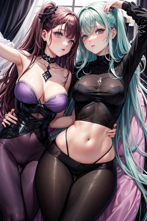 Crée moi une femme avec les cheveux brun foncé les yeux violet peau beige clair de gros sein un cul rond en legging le haut noir le bas noir et vert ses vetement font resorti ses formes