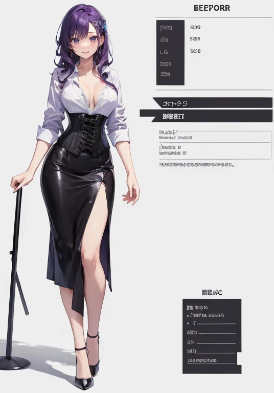 Purple hair,long hair,Adult female,(Bartender),((Rolling up your sleeves shirt)),Open chest,(Corset),(Tight skirt),(high heels),((Simple background)),Smile,((Full body)),((whole body)),Character Sheet,