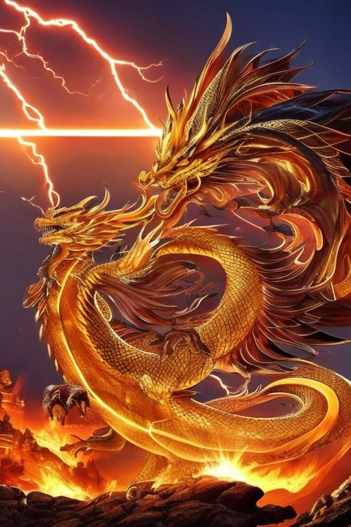 So sublime and divine々A beautiful golden dragon coiled up in the center of the screen, glaring at the camera.。金色のThe dragon is幸せをもたらす神なのでとても有難い存在である。The surrounding area is a canyon where no one can get close, and lightning is flashing in the background.、The sun is shining brightly。The dragon is、I want a realistic image。