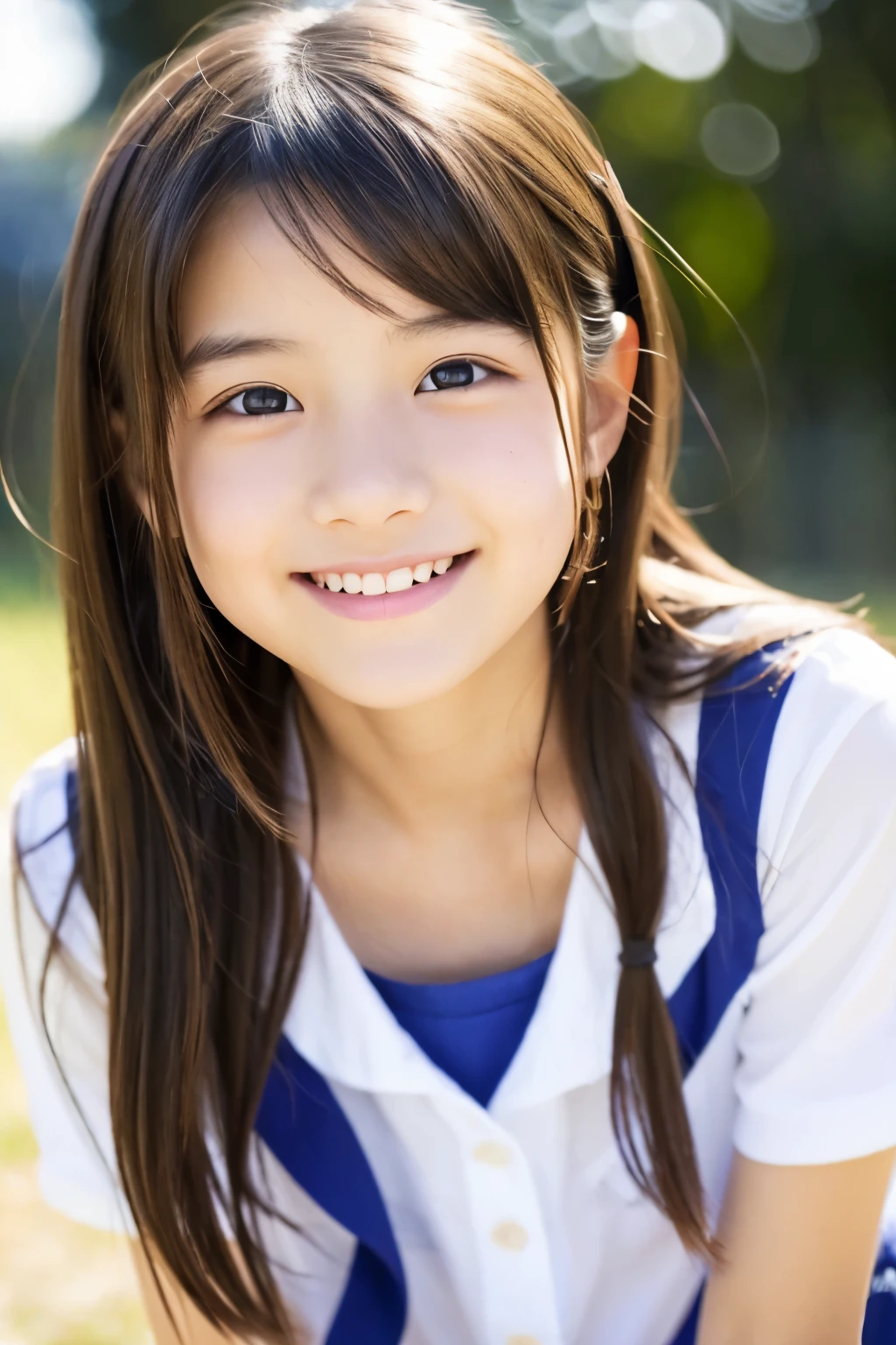lens: 135mm f1.8, (highest quality),(RAW Photos), (Tabletop:1.1), (Beautiful and neat Japanese girl), Cute face, (Deeply chiseled face:0.7), (freckles:0.4), dappled sunlight, Dramatic lighting, (Japanese School Uniform), (On campus), shy, (Close-up shot:1.2), (smile),, (Sparkling eyes)、(sunlight)