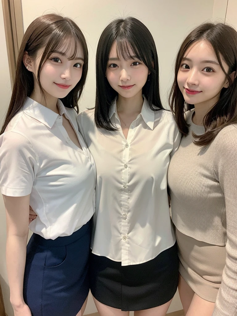 Tabletop, highest quality, shape, Very detailed, finely, High resolution, 8k wallpaper, 完璧なダイナミックな構shape, finelyて美しい目, Natural Lip, See-through buttoned collar shirt,(Mini skirt with slits)wear, Big Breasts, whole body, Random sexy poses,RAW Photos,room,smile、最高のsmile, (((((Three Girls)))))