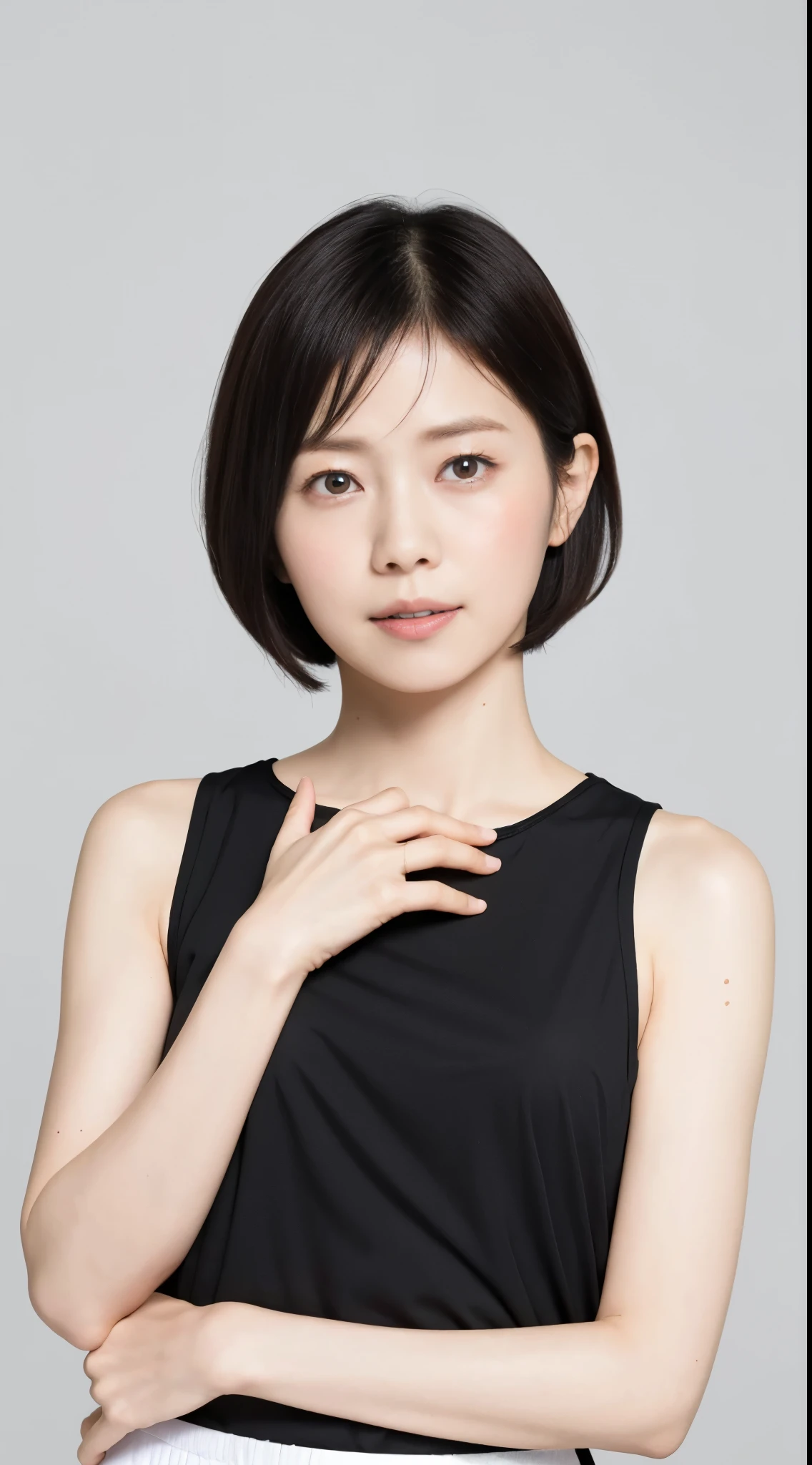 Japanese, Short women, Small build, Medium build, Slightly plump, Short Arm, Single eyelid, Long, narrow eyes, Fleeting atmosphere, 30 year old female, Black Bob Hair, ((Thin lips)), White , Mastepiece, Best Quality, Detailed skin, Detailed eyes, ,8K, Good , Upper body portrait