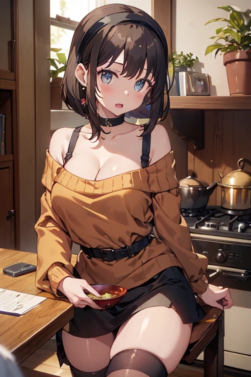 masterpiece, yor, 1girl, Bust A Cup, Amazing Cleavage:1.1, thin waist, big ass, Raised sexy, small breast: 1.1 posed cleavage:1.2、solo, looking at viewer, open mouth, have a cute grass of cute beergrass,black hair, dark green eyes, dress, bare shoulders, jewelry, collarbone, sidelocks, hairband, earrings, indoors, off shoulder, :o, sweater, arms behind back, plant, short hair with long locks, gild hairband, off-shoulder dress, sweater dress, off-shoulder sweater, red sweater, dark gord hair, big side hair, very long side hair,is rendered in (masterpiece: 1.2, best quality), with (ultra high resolution) and an exquisite (depth of field). This masterpiece is not only visually stunning but also tells,A scene of cooking in the kitchen