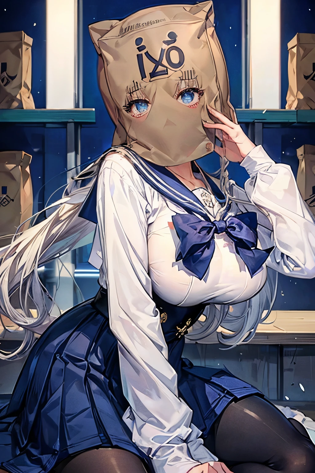 (masterpiece:1.2、highest quality、Tmasterpiece)、1 female、alone、classroom、Day、stand、whole body、Beauty、blonde、ponytail、blue eyes、(Sailor suit:1.4)、(Dark Skin:1.4)、Blake、Big Breasts、Big Butt、Long sleeve、corset、Earrings、lipstick、(pantyhose:1.2)、mini skirt、Very sweaty、choker、blush、Covered breasts、Bangs braids、(Thick lips:1.2)、(paperbag:1.3)