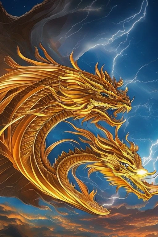 So sublime and divine々A beautiful golden dragon coiled up in the center of the screen, glaring at the camera.。金色のThe dragon is幸せをもたらす神なのでとても有難い存在である。The surrounding area is a canyon where no one can get close, and lightning is flashing in the background.、The sun is shining brightly。The dragon is、I want a realistic image。