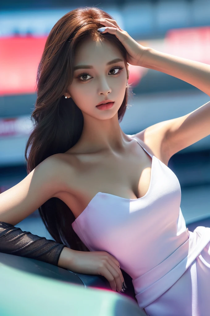 Tzuyu 1, woman, (Realistic), (Hyperrealism), (photoRealistic), Depth of written boundary, eye make up:0.7 (whole body:1.2), (Large Bust),(Tight waist), Watching the audience,In the pits at the racing track, Race Queen, Sexy dress with open shoulders and neckline