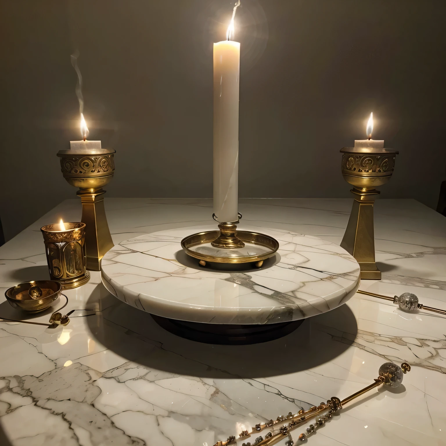 Beautiful marble table, there are incense on it, candles, crystals, very realistic photo, light