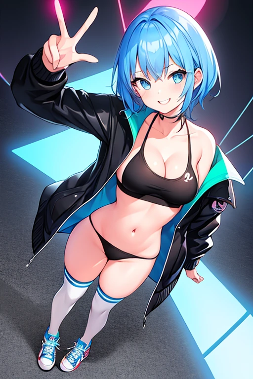1girl, , sneakers, shoes, thighhighs, black jacket, jacket, black , , sky blue hair, light blue hair, blue hair, very short hair, pixie cut, blue eyes, light smile, peace sign, double peace, v, double v, neon trim, neon, neon lights, smile, light smile, tomboy, full_body, ((full body))
