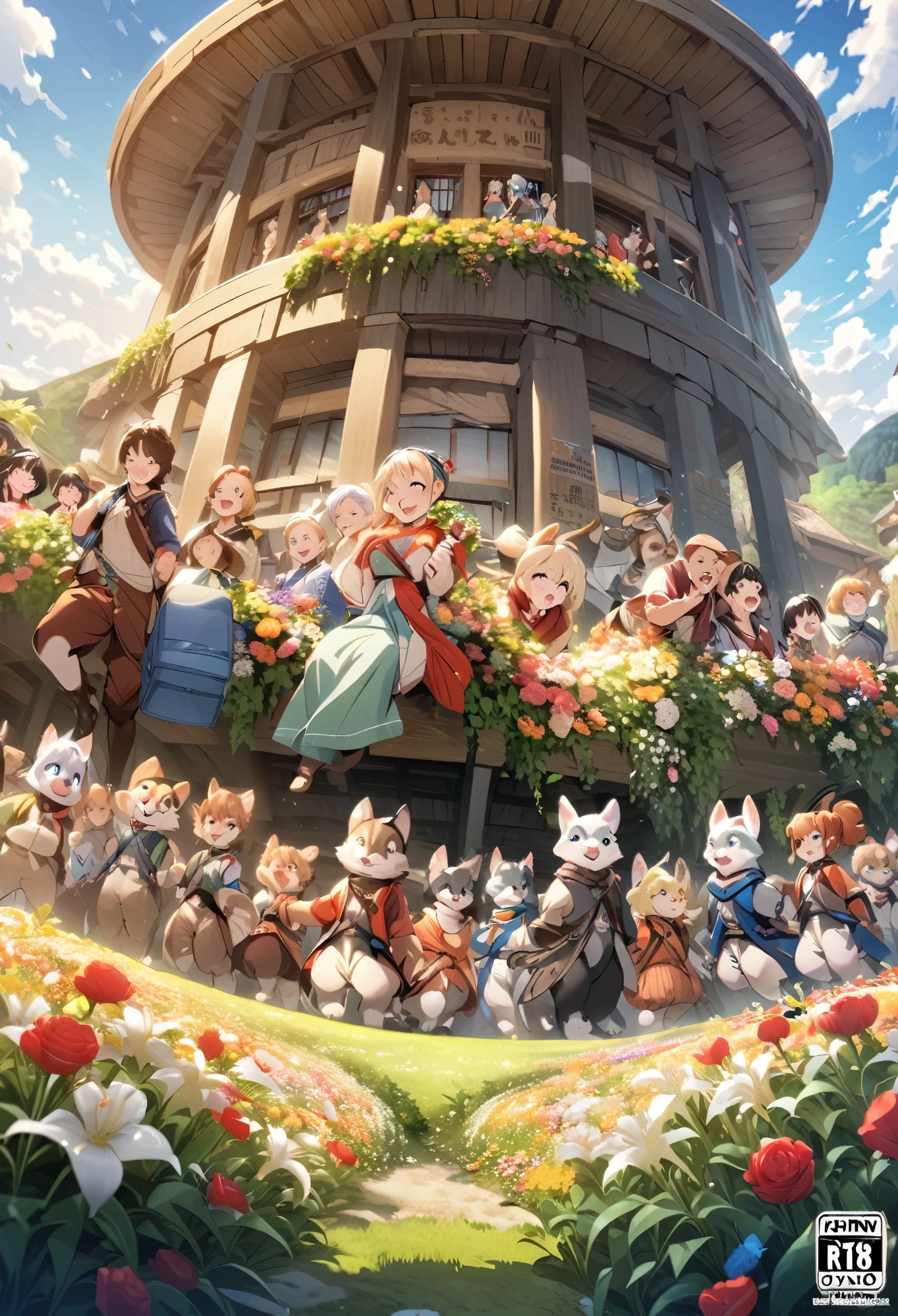 cover page, super high resolution, detailed background, World Heritage Site, flower garden, 6+boys, 6+girls, Happy, joyful, Relux, absurdres(Photos of solo travelers)(kemono, furry anthro)cinematic, dynamic angle,