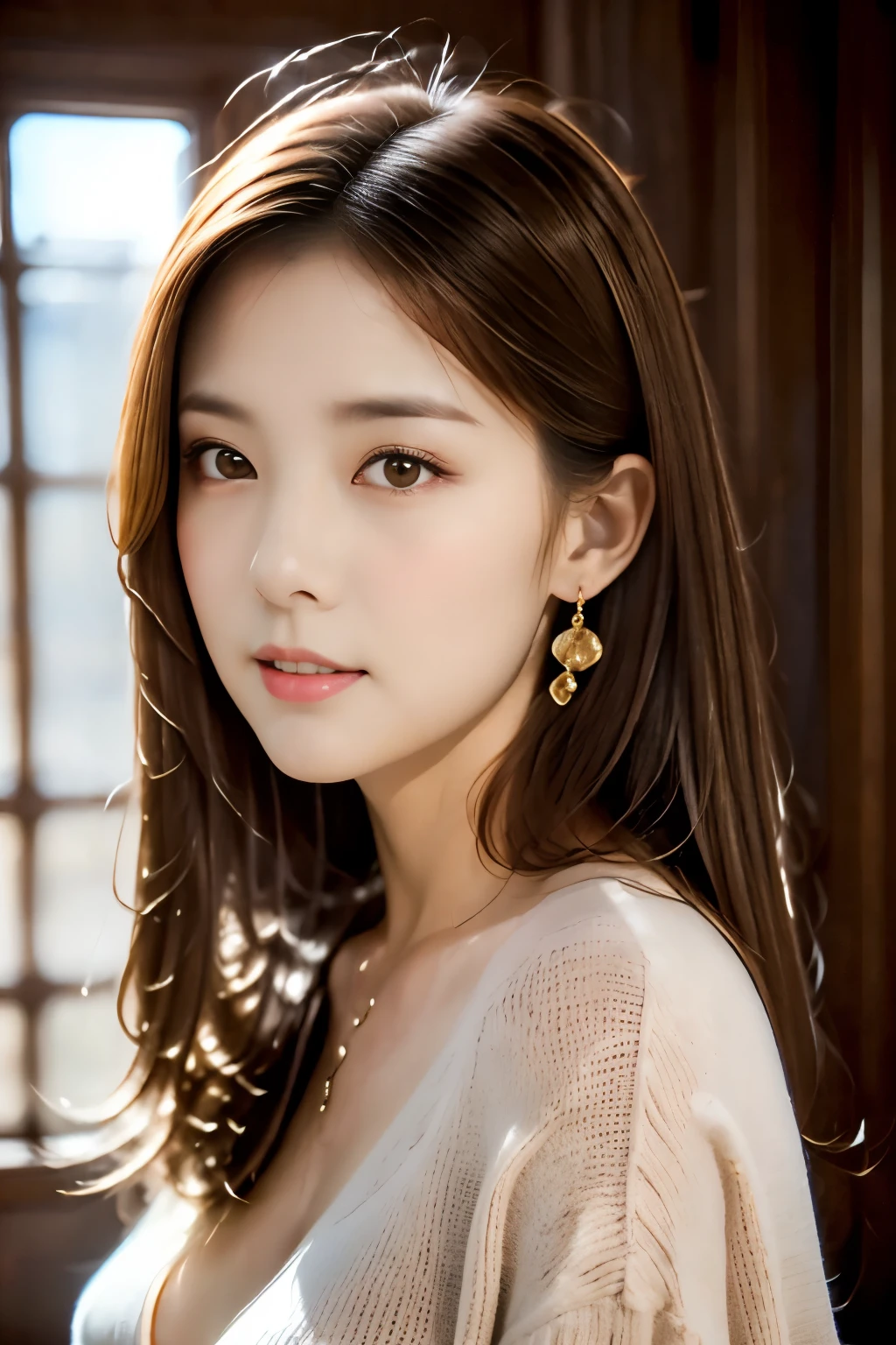 Bust up images, highest quality, Super quality, 16k, Incredibly absurd, Very detailed, Golden Ratio, Beautiful woman, Beautiful and realistic round face, Seductive look, Beautiful light brown straight medium hair, Beautiful hairstyle, Beautiful and realistic eyes, Beautiful and realistic skin, Big Breasts:1.3,Wearing a loose navy blue sweater, Background room、Bulb included、Ultra warm white