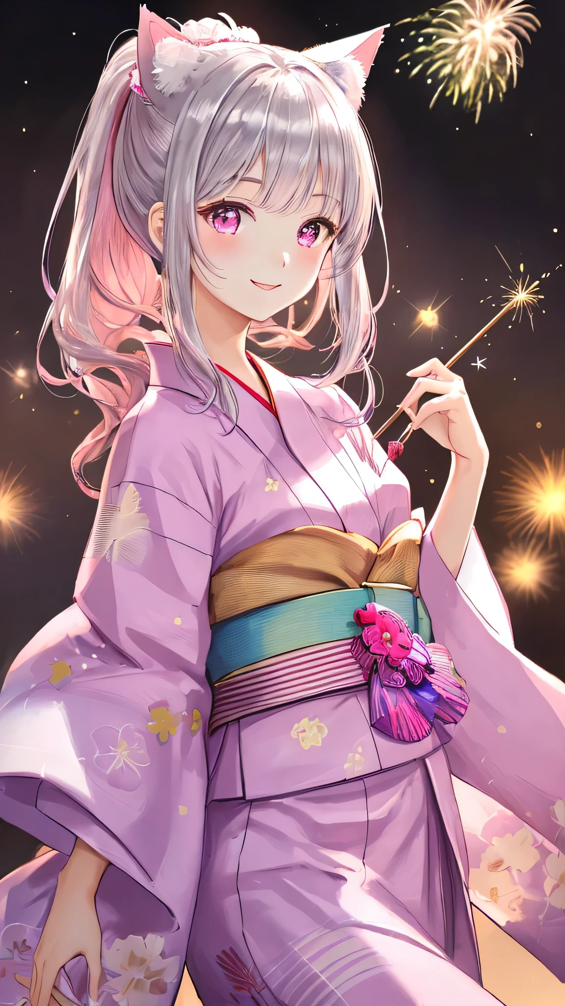 masterpiece,highest quality,Highly detailed face,fine grain,yukata、firework、ponytail、Cat ear,Sparkling eyes,Highlighted eyes,Center of chest,pretty girl,smile,Cat ear,Beautiful silver hair,Pink inside,Beautiful pink eyes,