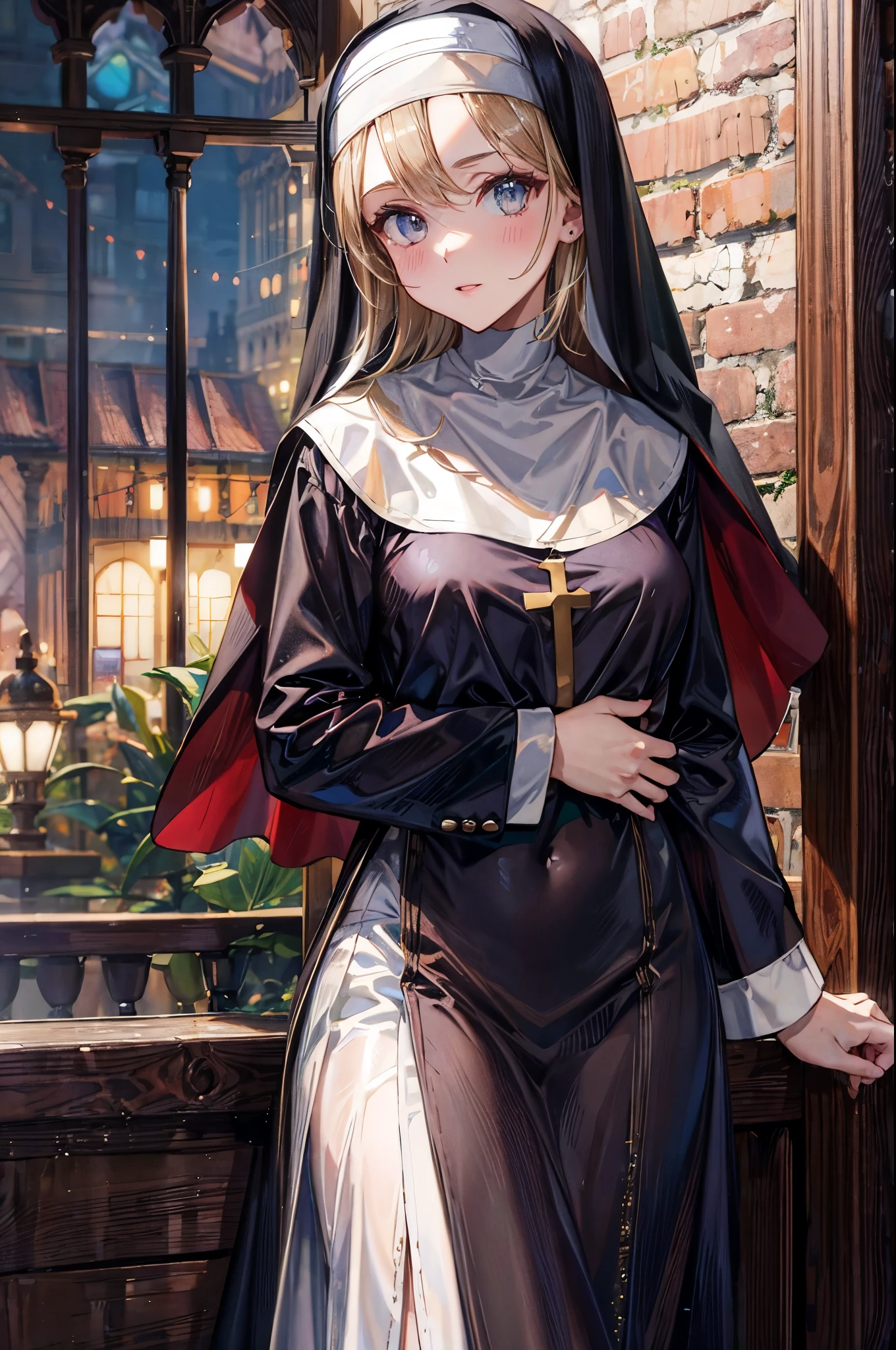 ((Nun's hijab with gold decoration:1.3)), 4 defined fingers, 1 defined thumb, looking at viewer, solo, 1 woman, 25 years old, AI generated, highest quality, masterpiece, perfect face, 8k , cowboy shot, short hair, (pink hair1.5), bob cut, black eye, (smile), thin thighs, medium breasts, perfect limbs, sexy, (visible nipples:0.6), (camel toe:0.7), ((arms behind back)), ((metallic costume)),