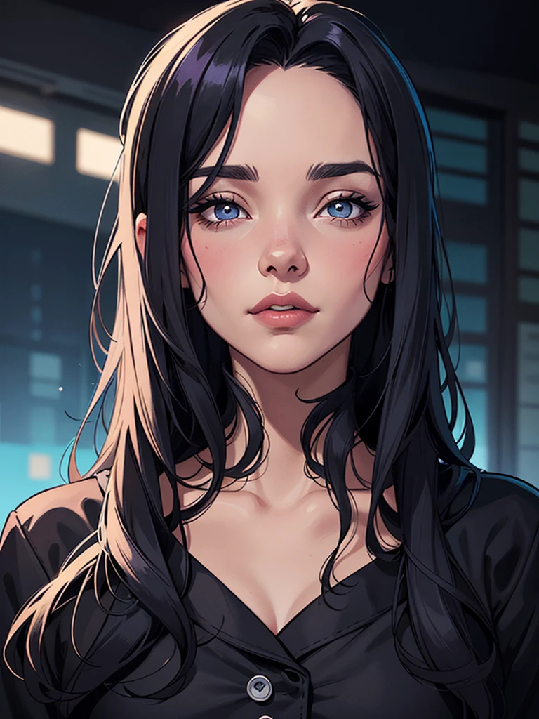 Personagem Christina Ricci cabelo preto estilo Morticia AddamsImagem de desenho animado de uma mulher .cartoon style illustration, estilo de arte dos desenhos animados, estilo de arte dos desenhos animados, digital illustration style, design de personagens altamente detalhado, arte digital detalhada fofa, City fan art, Design de personagens de retrato, beautiful digital illustration, retrato de alta qualidade, Arte em quadrinhos, jovem expressando desejo sexual.