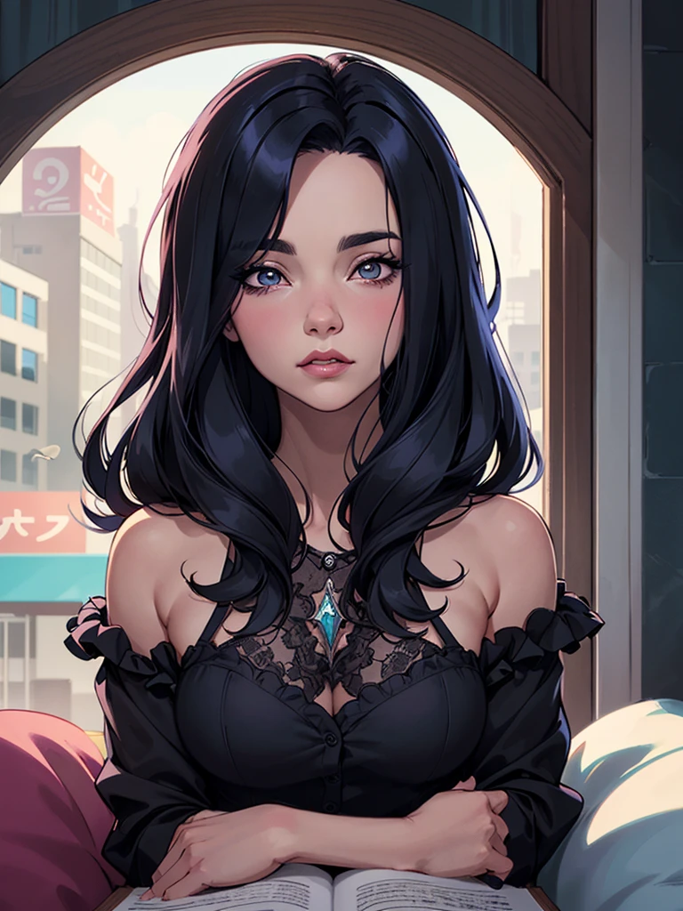 Personagem Christina Ricci cabelo preto estilo Morticia AddamsImagem de desenho animado de uma mulher .Ilustra??o estilo desenho animado, estilo de arte dos desenhos animados, estilo de arte dos desenhos animados, digital illustration style, design de personagens altamente detalhado, arte digital detalhada fofa, City fan art, Design de personagens de retrato, beautiful digital illustration, retrato de alta qualidade, Arte em quadrinhos, jovem expressando desejo sexual.