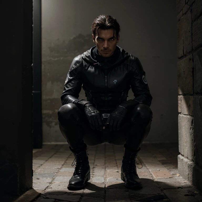 A tall superhero with an athletic build, con una presencia imponente. His skin has a slightly pale tone, result of the dark energy that transformed it. Sus ojos son de un negro profundo, brillando ligeramente en la oscuridad, and reflect their connection with the shadows.

Viste un traje ajustado de color negro, hecho de un material flexible y resistente. The suit is decorated with silver details that resemble moving shadows. Lleva una capa larga y oscura que parece fundirse con la noche, lo que le permite camuflarse en la oscuridad. His gloves and boots are also black, Designed for stealth and agility.

The emblem on his chest is a dark circle with a silhouette of a silver crescent.