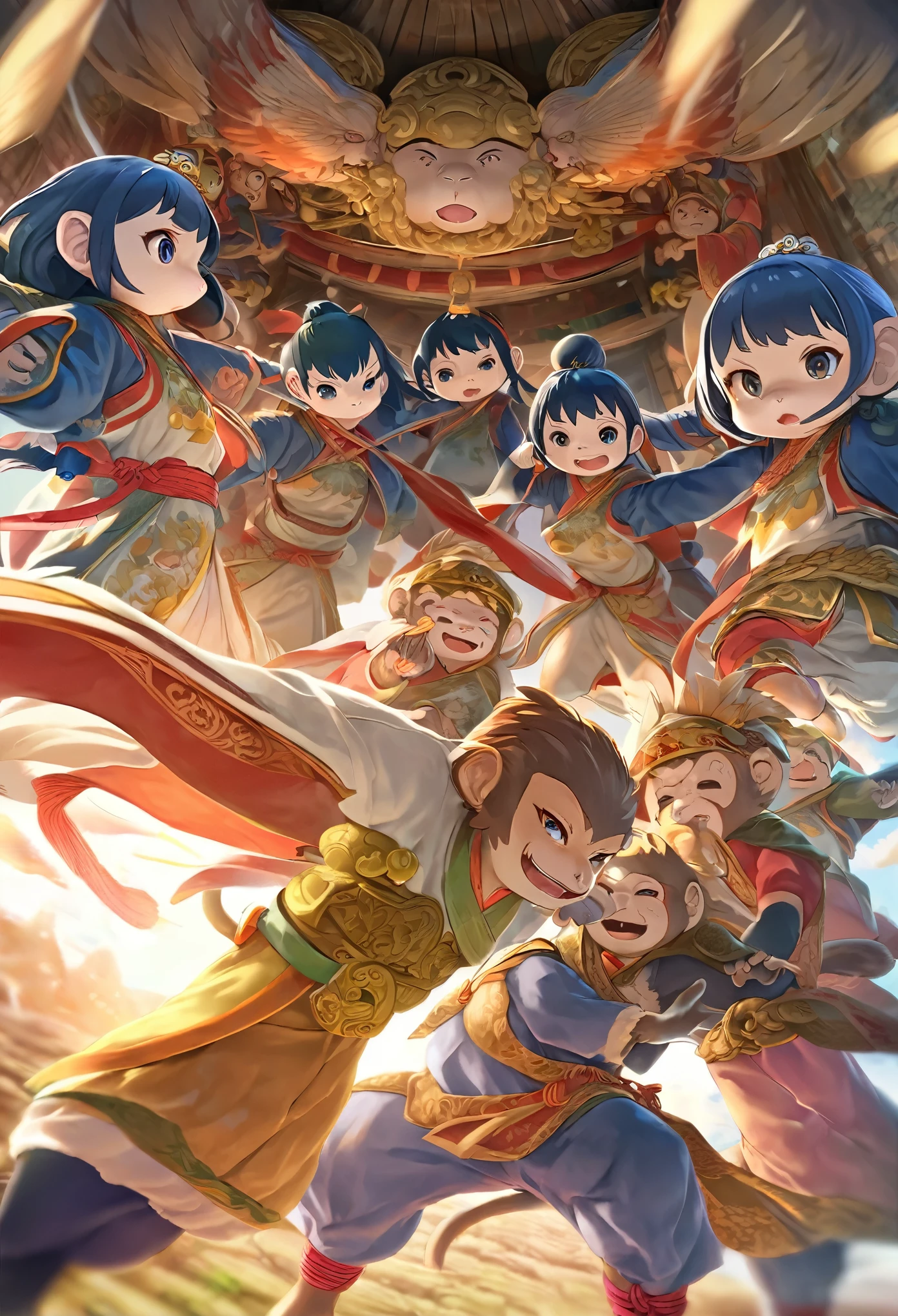 dynamic angle, top quality, best quality, High-quality illustrations, masterpiece, super high resolution, detailed background, detailed background, Monkey A Journey to the West, action, group shot:0.1, 6+boys, 6+girls, absurdres(highly detailed beautiful face and eyes)perfect anatomy, expression, good lighting, cinematic shadow(kemono, furry anthro),