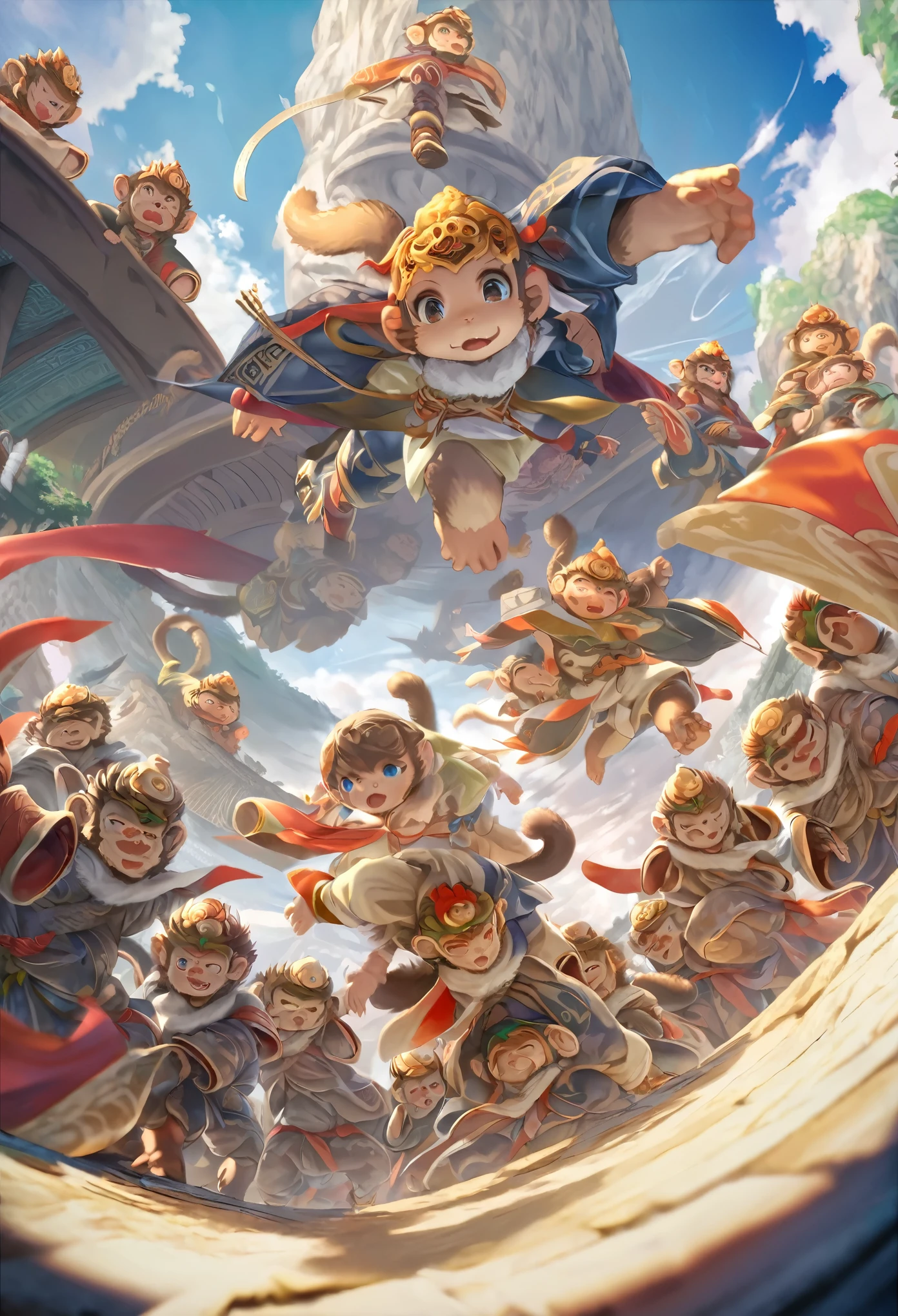 dynamic angle, top quality, best quality, High-quality illustrations, masterpiece, super high resolution, detailed background, detailed background, Monkey A Journey to the West, action, group shot:0.1, 6+boys, 6+girls, absurdres(highly detailed beautiful face and eyes)perfect anatomy, expression, good lighting, cinematic shadow(kemono, furry anthro),