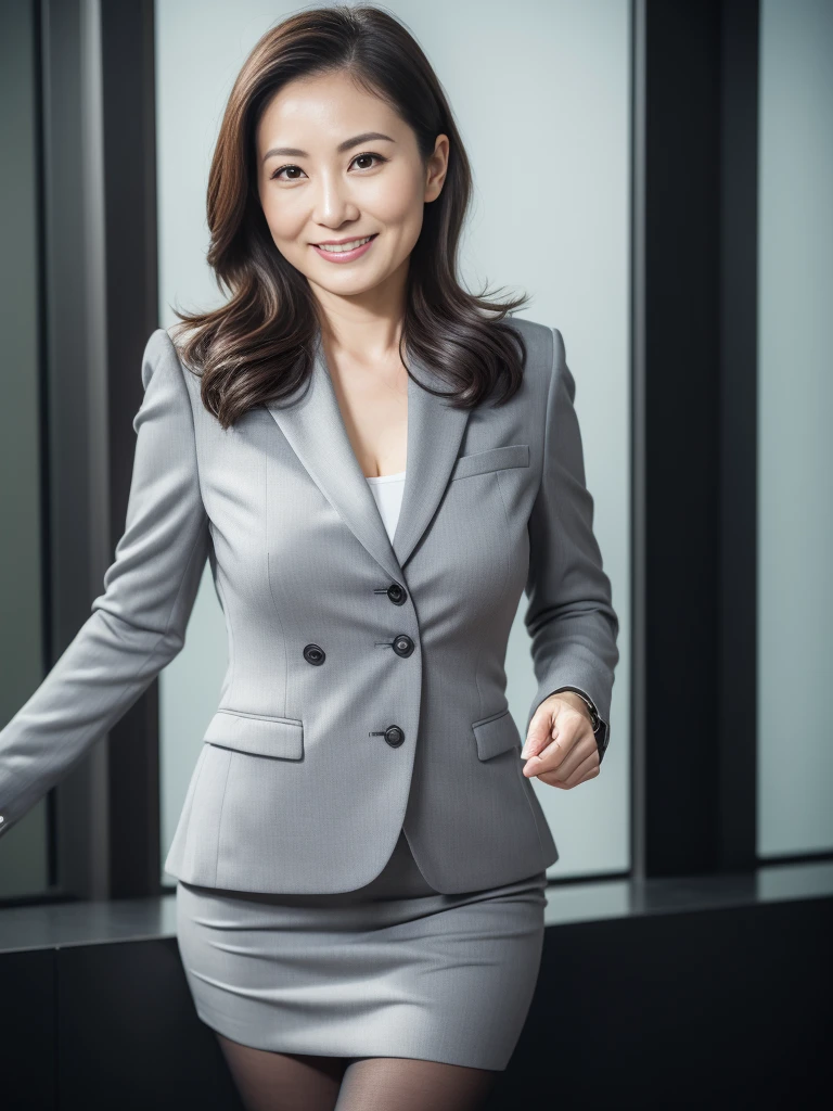 masterpiece, highest quality, (Seductive saleswoman:1), ((Portraiture:1.3)), smile, gray business wear, Hyper detail on skin, Cleans pores，Panoramic View，Stick your butt out, Black Lens Stockings，Beautiful young Japanese MILF, 40 years old, Perfect Face, Looks great,  (Detailed facial features), Clean and nice face,Big Breasts,Naked, business jacket and tight skirt