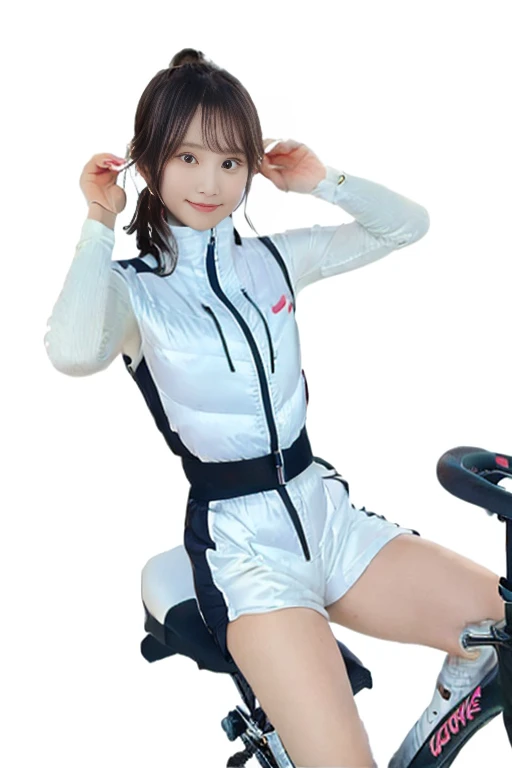 Girl straddling the seat cushion of a gym bike, Dolphin Shorts,astrovest