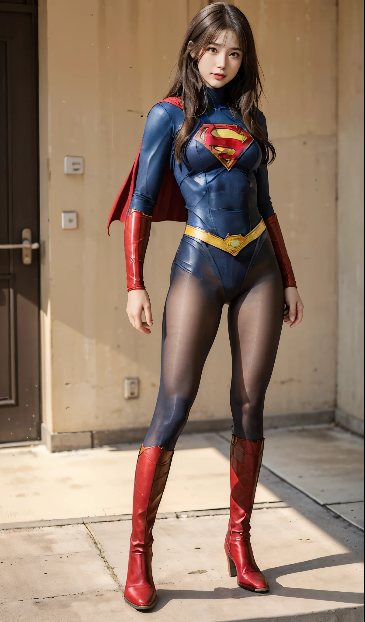 No background、(((Beautiful legs in black tights.)))、(((Legally express the beauty of your smile)))、((((Make the most of your original images)))、(((Body-fitting Supergirl costume)))、(((Supergirl Costume)))、(((Beautiful Hair)))、(((suffering)))、(((Please wear black tights....、Wear red boots)))、((Best image quality、8k))、((highest quality、8k、masterpiece:1.3))、(((Preserve background )))、Sharp focus:1.2、Beautiful woman with perfect figure:1.4、Slim Abs:1.2、Wet body:1.5、Highly detailed face and skin texture、8k