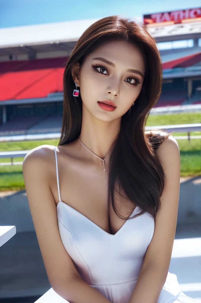 Tzuyu 1, woman, (Realistic), (Hyperrealism), (photoRealistic), Depth of written boundary, eye make up:0.7 (whole body:1.2), (Large Bust),(Tight waist), Watching the audience,In the pits at the racing track, Race Queen, Sexy dress with open shoulders and neckline
