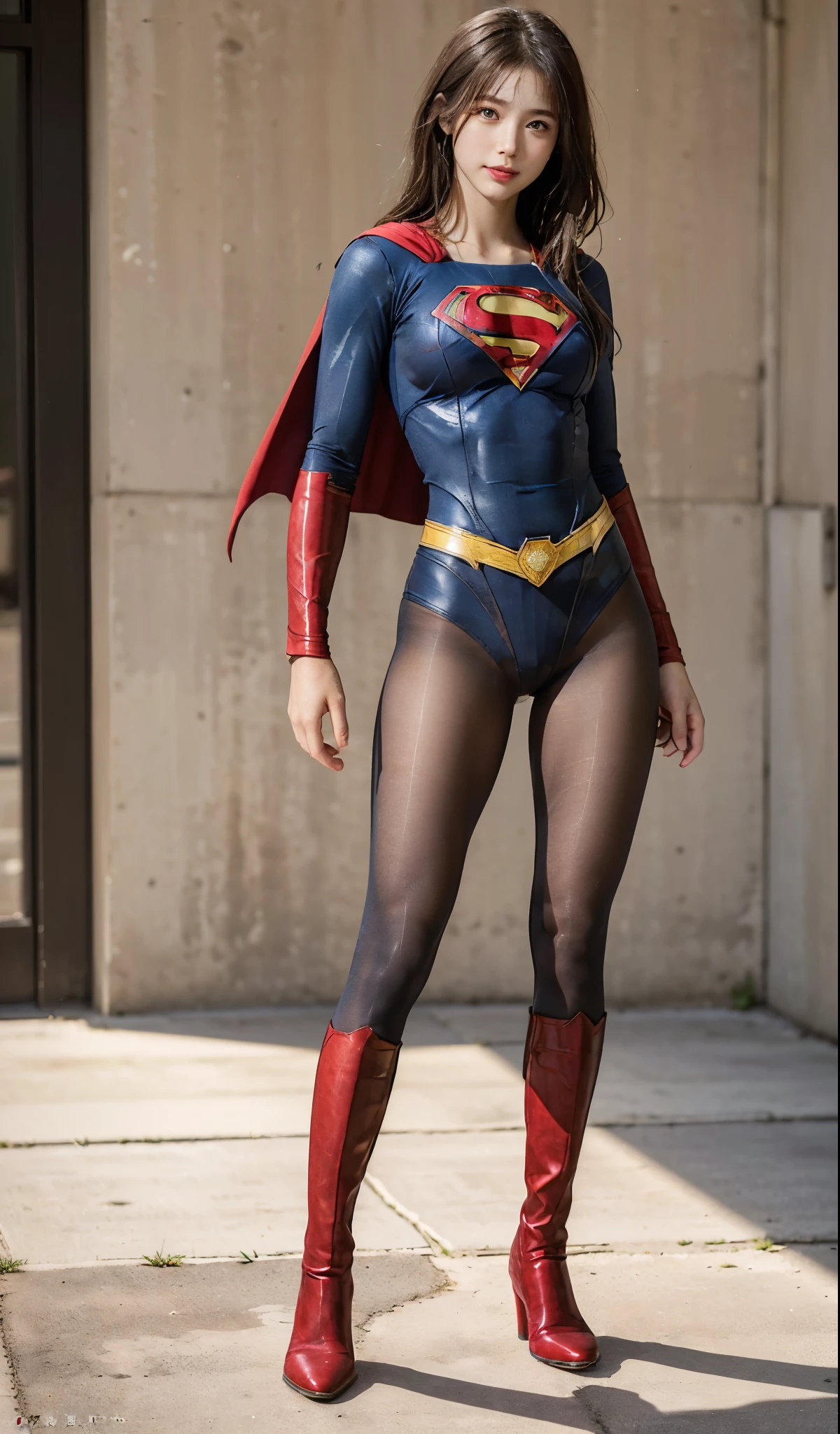 No background、(((Beautiful legs in black tights.)))、(((Legally express the beauty of your smile)))、((((Make the most of your original images)))、(((Body-fitting Supergirl costume)))、(((Supergirl Costume)))、(((Beautiful Hair)))、(((suffering)))、(((Please wear black tights....、Wear red boots)))、((Best image quality、8k))、((highest quality、8k、masterpiece:1.3))、(((Preserve background )))、Sharp focus:1.2、Beautiful woman with perfect figure:1.4、Slim Abs:1.2、Wet body:1.5、Highly detailed face and skin texture、8k