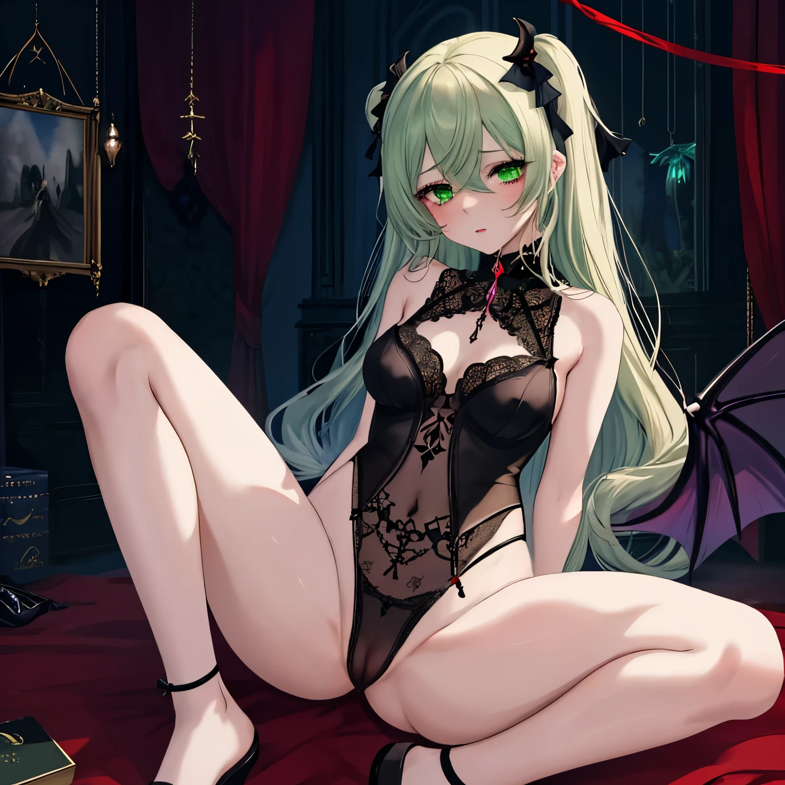 (need),(masterpiece),(A detailed one),Charming Succubus,Ethereal Beauty,Living in the Cloud,(Fantasy illustration:1.3),Seductive eyes,Seductive posture,Delicate,supernatural charm,,SM,,,ankle,arm,leg,wrist,Box tie,GBreast Augmentation,Crotch rope,Plugged,Plugged,Red rope,shut your mouth,A look of desire and dissatisfaction,Close one eye,Another green delicate eye,Looking at the viewer(Grab the red rope,The audience can see),((A sexy pose,black))