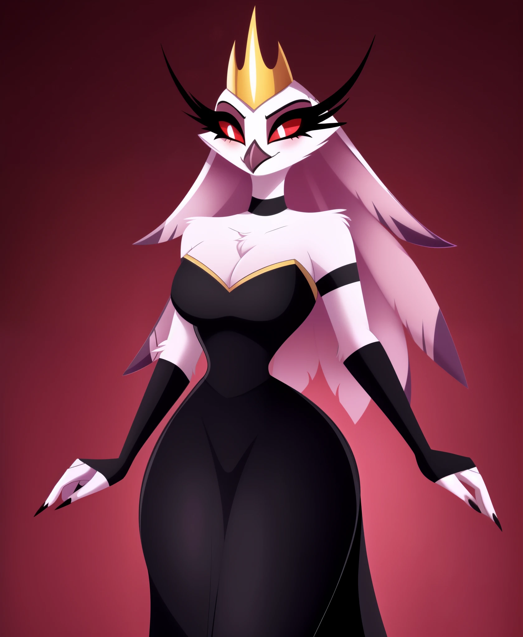Stella, owl, cute, blushing,, red eyes, white pupils, Helluva Boss, by VivziePop,, stelladress, stellaoutfit, stella dress , gold crown, elbow gloves, fingerless gloves