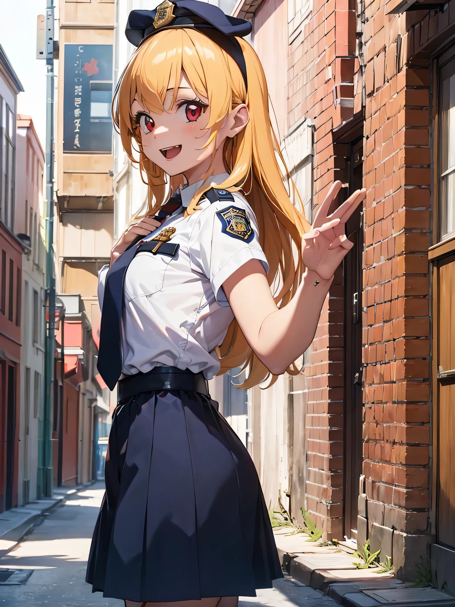 Masterpiece, cowboy shooting, cop, 1girl, solo, uniform, ribbon, hat, policewoman, solo, shirt, bangs, tie, breasts, blur, police uniform, blonde, hairband, red ribbon, looking at the viewer, red eyes, short sleeves, looking from the side, collared shirt, blue shirt, detailed city background, black tie, salute and laughter,