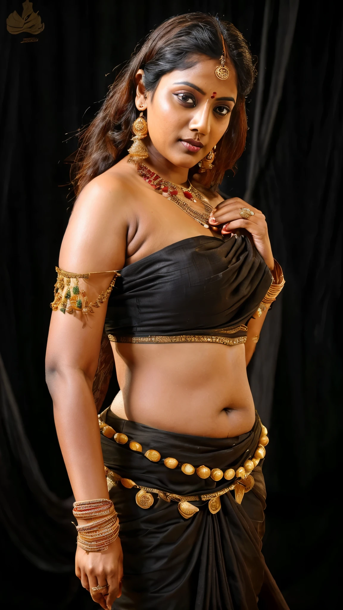 Looks like Indian Actress Ester Noronha, An Extremely gorgeous and beautiful Bengali village woman, 45 yo, pale white skin, sensual appealing body, perfect thick and chubby Beauty, wearing saree bare-chested, wearing a Bengali-style saree without a blouse,, ethnic vintage bengali village woman, bengali style saree, The sari was worn without a blouse and petticoat before the British Raj, baring one's chest or being blouseless,  Bengalis a.k.a. Bongs are known for their unique Bengali fashion sense (the way they don that sari makes you go wow), Pre British Raj, Pre colonial era, Bengali Woman draping sari without blouse is a normal thing in pre British Era, bong woman, wearing kajal or kohl or kajol in eyes, highly detailed armpits, 