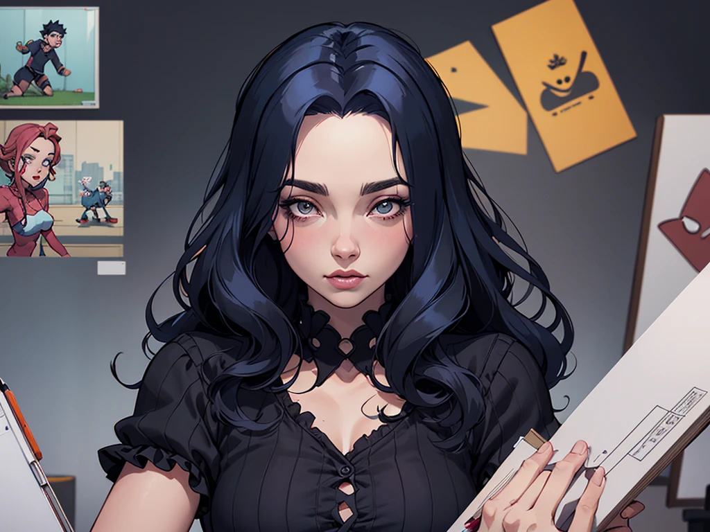 Personagem Christina Ricci cabelo preto estilo Morticia AddamsImagem de desenho animado de uma mulher .cartoon style illustration, estilo de arte dos desenhos animados, estilo de arte dos desenhos animados, digital illustration style, design de personagens altamente detalhado, arte digital detalhada fofa, City fan art, Design de personagens de retrato, beautiful digital illustration, retrato de alta qualidade, Arte em quadrinhos, jovem expressando desejo sexual.