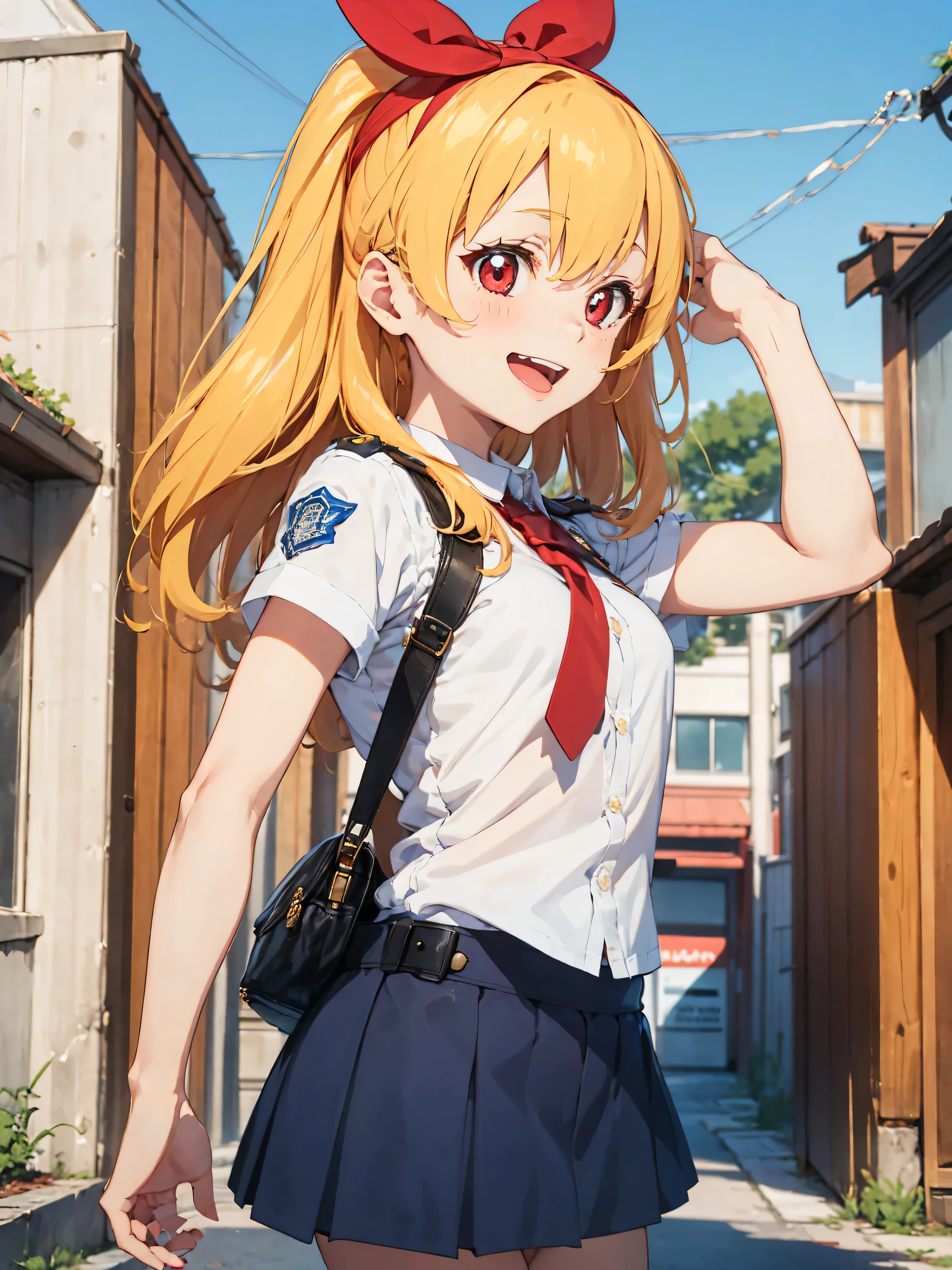 Masterpiece, cowboy shooting, cop, 1girl, solo, uniform, ribbon, hat, policewoman, solo, shirt, bangs, tie, breasts, blur, police uniform, blonde, hairband, red ribbon, looking at the viewer, red eyes, short sleeves, looking from the side, collared shirt, blue shirt, detailed city background, black tie, salute and laughter,