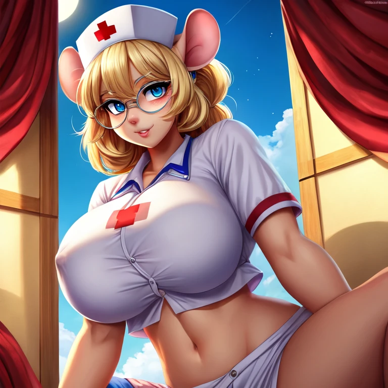 Busty Blonde high school nurse mouse girl, half-moon glasses, ((best quality)), ((masterpiece)), (detailed), perfect face, blue eyes, big breasts, midriff