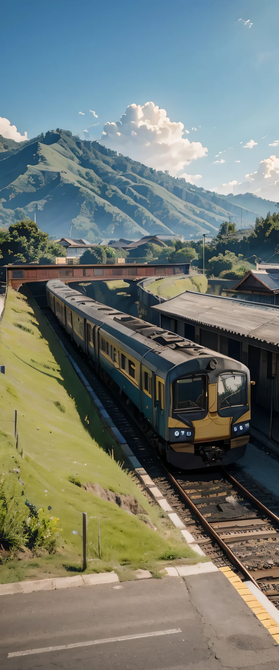 ((masterpiece, highest quality, Highest image quality, High resolution, photorealistic, Raw photo, 8K)), Indonesian train, Train coming into the station, train in the background, [ graphic photo ], train, portrait! outdoor, viewpoint photo, exhibition, big station in the countryside of Indonesian, many people in the station, travel, train in mountain view, modern train, iphone photo, very real, outdoor photo,