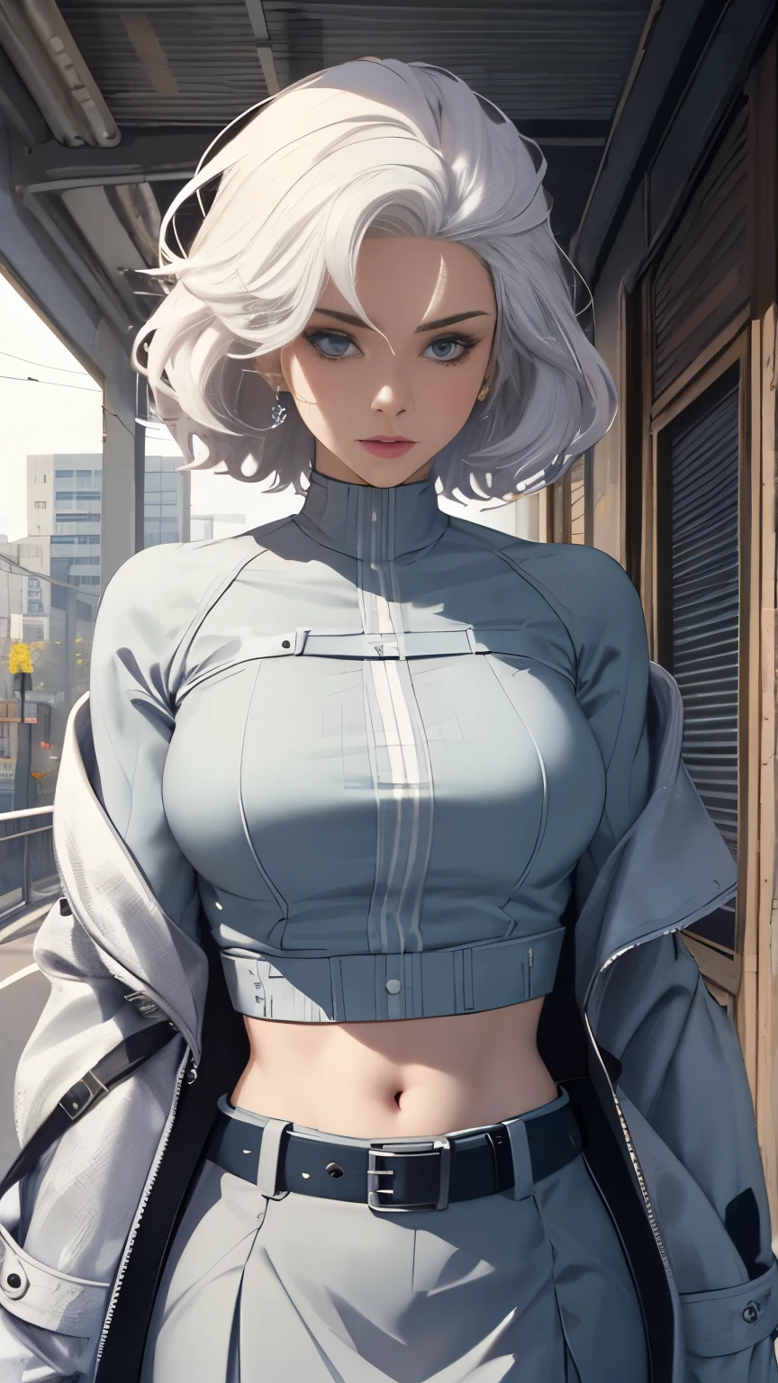 (Highly quality, masterpiece, detailed), city detailed scenario, city detailed background, 20 years old girl, solo, SilverSable_aiwaifu, 1girl, short hair, belt , sleeves rolled up, jewelry, Sliver Hair, blue eyes, coat, white coat, open coat, white skirt, Sliver top, crop top, Abdomen, Navel, beautiful eyes, perfect eyes, looking at the viewer, Sexy pose