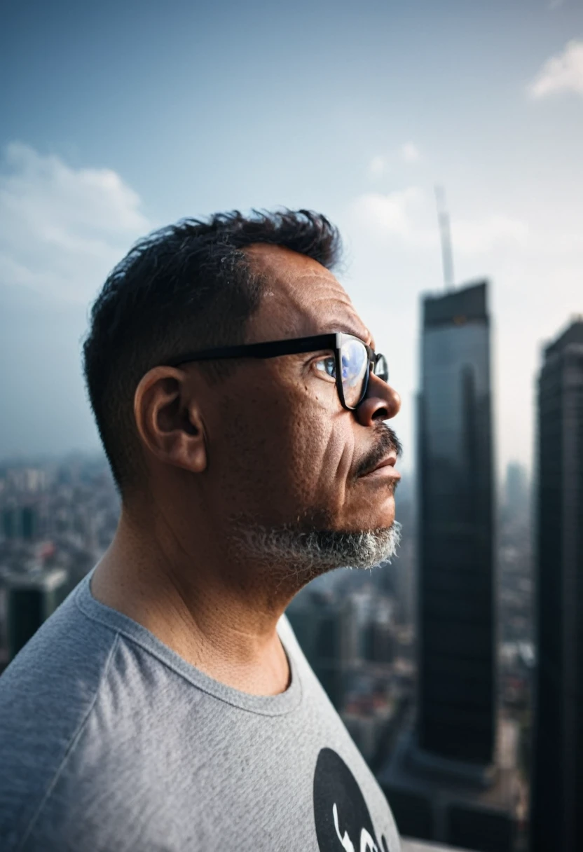 A half-body raw portrait of a man wearing glasses standing on top of a tall building, ultra-realistic, with significant depth of field, cityscape background, detailed textures, dramatic lighting, sharp focus, moody atmosphere.,gutto2024abr 