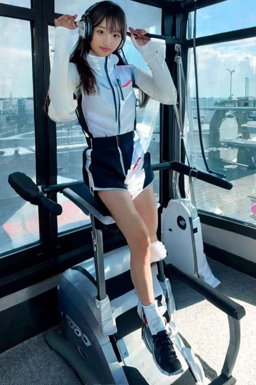 Girl straddling the seat cushion of a gym bike, Dolphin Shorts,astrovest,headphone,Astronaut training equipment, Zero Gravity Treadmill, Resistance Band Training Equipment, Floating Dumbbell, LED lighting, Wide々and space, Wall-mounted screen, Fitness equipment storage, Large windows with natural light, Globe seen from the window, Futuristic Design, And the fine details. She is in training, standing on the Zero Gravity Treadmill, Inside the spaceship,Futuristic space station interior,