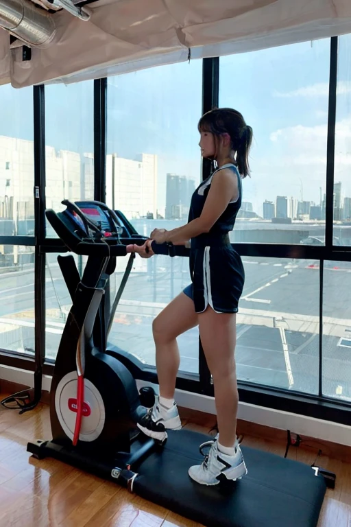 Girl straddling the seat cushion of a gym bike, Dolphin Shorts,astrovest,headphone,Astronaut training equipment, Zero Gravity Treadmill, Resistance Band Training Equipment, Floating Dumbbell, LED lighting, Wide々and space, Wall-mounted screen, Fitness equipment storage, Large windows with natural light, Globe seen from the window, Futuristic Design, And the fine details. She is in training, standing on the Zero Gravity Treadmill, Inside the spaceship,Futuristic space station interior,