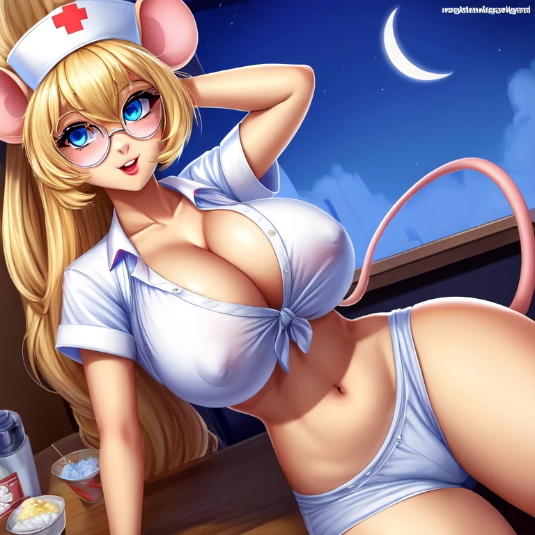 Busty Blonde high school nurse mouse girl, half-moon glasses, ((best quality)), ((masterpiece)), (detailed), perfect face, blue eyes, big breasts, midriff