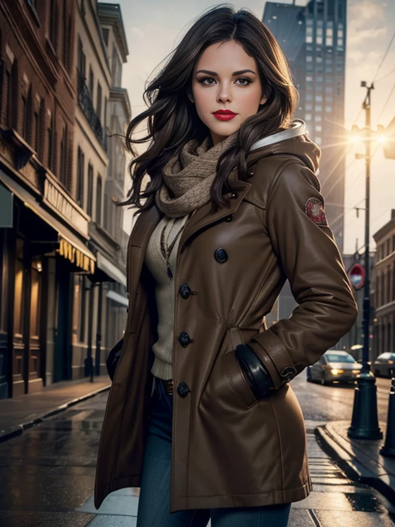 Rachel Bilson、(masterpiece:1.0), (Highest_quality:1.2), (Dark Shot:1.3), Classic Rogue, 1991 Rogue X-Men, 1 girl, Only 1, Head to Toe, standing on street corner, Elegant pose, (clothing: Brown winter coat, Brown color hood, Down lining, White scarf, gloves, jeans) Medium length hair, Brown Hair, Wavy Hair, One gray hair, Green Eyes, Mischievous look, Grin, Lips parted, Red lipstick, Heavy makeup, Confident expression, Backlight, (realism: 1.5), (Realistic: 1.4), (Disorganized:1.4), 8k, Very detailed, Detailed beautiful woman, (background: Midnight, it's snowing, On the streets of New York, Snowy Night), Official Art, Very detailed CG Unity 8k wallpaper, Perfect lighting, colorful, 超High resolution, photograph, 8k, High resolution, Kodak Portrait 400, Film Grain, blurry background, (Bokeh:1.2), (Vibrant_color:1.2), Film Grain:1.2, (Warm colors, Warm Tones:1.2), (color photo), Professional Photograph