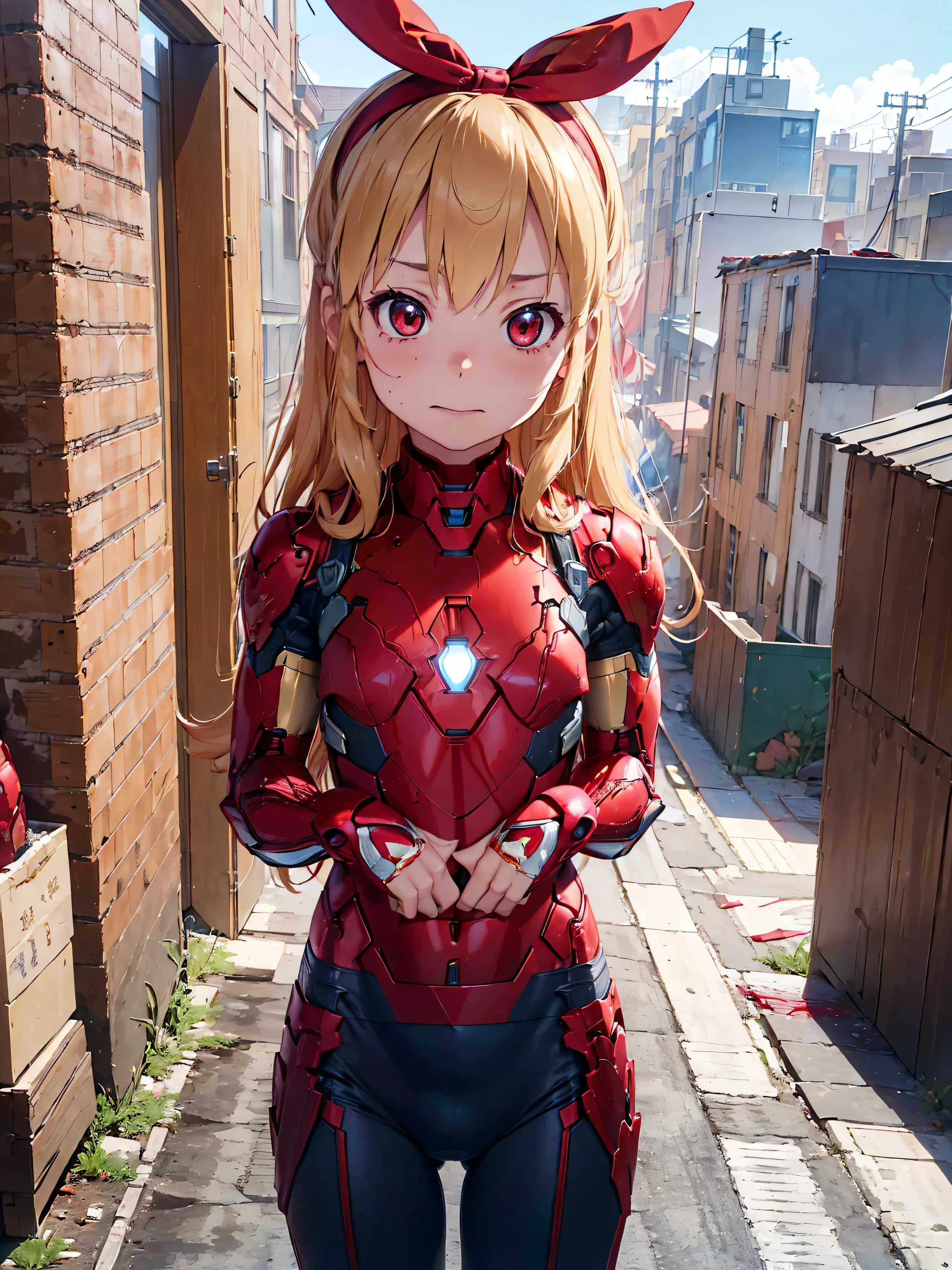 (red ribbon on hairband:1.2),(masterpiece, best quality, highres),BlondeHAIR,Primary school students、Long Hair、Small breasts、Small breasts、Body Type、injured body、((damaged iron man suit、Crotch crack))、City of night、Rooftop、、8 year old 、Realistic body、