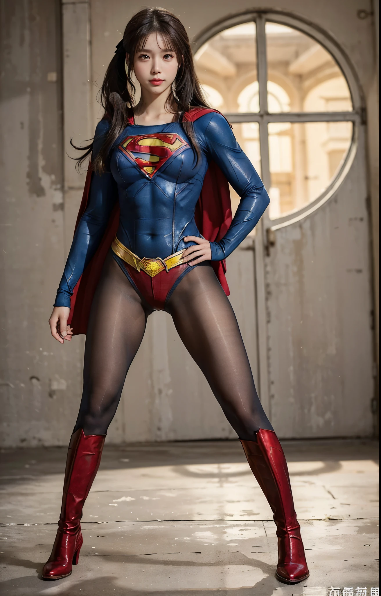 No background、(((Beautiful legs in black tights.)))、(((Legally express the beauty of your smile)))、((((Make the most of your original images)))、(((Body-fitting Supergirl costume)))、(((Supergirl Costume)))、(((Beautiful hair with twin tails)))、(((suffering)))、(((Please wear black tights....、Wear red boots)))、((Best image quality、8k))、((highest quality、8k、masterpiece:1.3))、(((Preserve background )))、Sharp focus:1.2、Beautiful woman with perfect figure:1.4、Slim Abs:1.2、Wet body:1.5、Highly detailed face and skin texture、8k