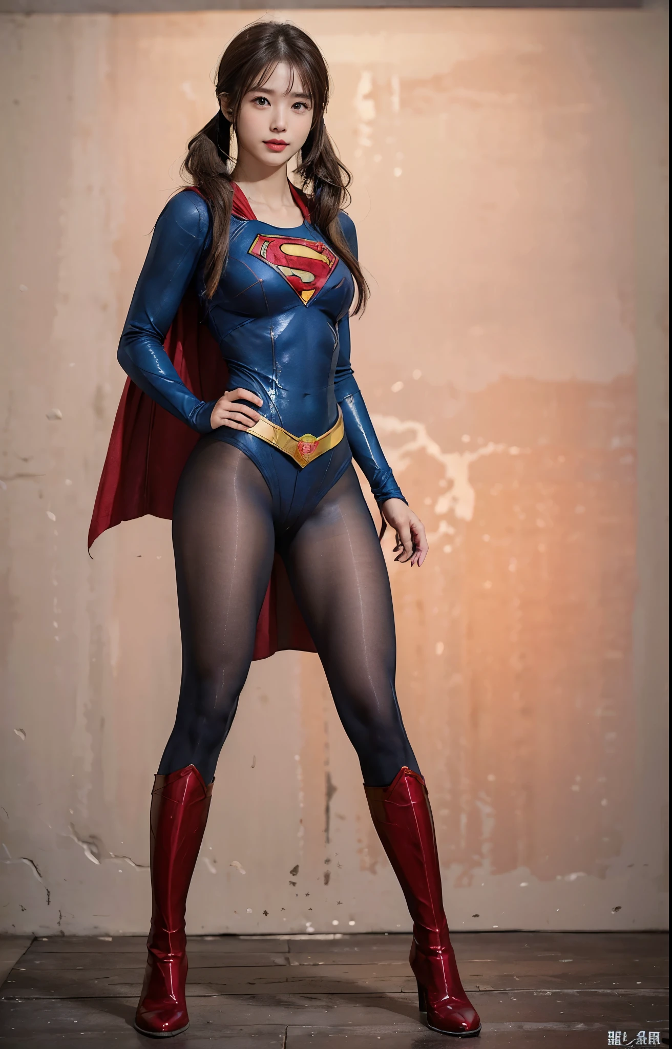 No background、(((Beautiful legs in black tights.)))、(((Legally express the beauty of your smile)))、((((Make the most of your original images)))、(((Body-fitting Supergirl costume)))、(((Supergirl Costume)))、(((Beautiful hair with twin tails)))、(((suffering)))、(((Please wear black tights....、Wear red boots)))、((Best image quality、8k))、((highest quality、8k、masterpiece:1.3))、(((Preserve background )))、Sharp focus:1.2、Beautiful woman with perfect figure:1.4、Slim Abs:1.2、Wet body:1.5、Highly detailed face and skin texture、8k