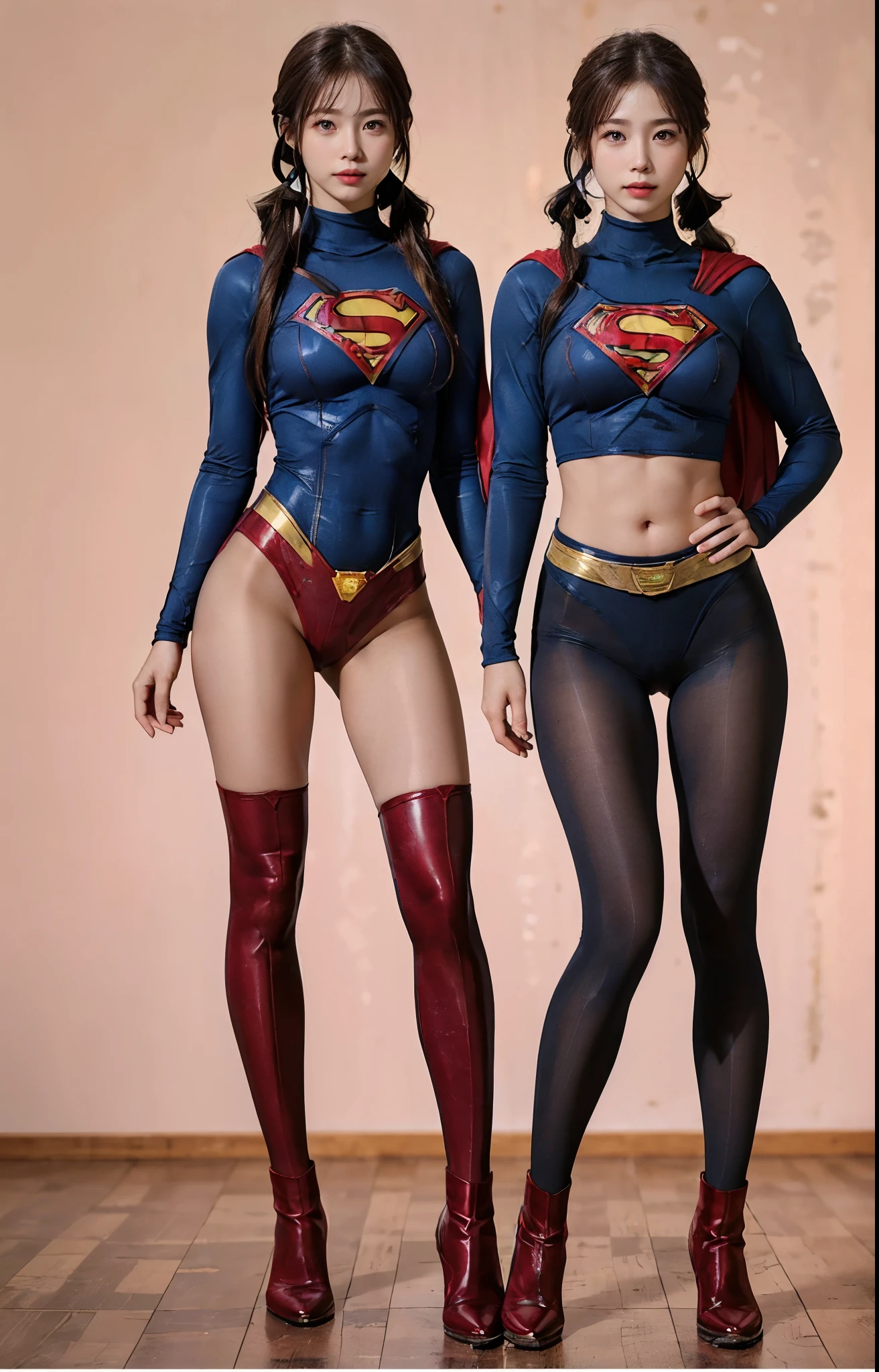 No background、(((Beautiful legs in black tights.)))、(((Legally express the beauty of your smile)))、((((Make the most of your original images)))、(((Body-fitting Supergirl costume)))、(((Supergirl Costume)))、(((Beautiful hair with twin tails)))、(((suffering)))、(((Please wear black tights....、Wear red boots)))、((Best image quality、8k))、((highest quality、8k、masterpiece:1.3))、(((Preserve background )))、Sharp focus:1.2、Beautiful woman with perfect figure:1.4、Slim Abs:1.2、Wet body:1.5、Highly detailed face and skin texture、8k