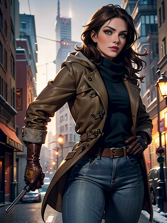 Kat Denningasterpiece:1.0), (Highest_quality:1.2), (Dark Shot:1.3), Classic Rogue, 1991 Rogue X-Men, 1 girl, Only 1, Head to Toe, standing on street corner, Elegant pose, (clothing: Brown winter coat, Brown color hood, Down lining, White scarf, gloves, jeans) Medium length hair, Brown Hair, Wavy Hair, One gray hair, Green Eyes, Mischievous look, Grin, Lips parted,  Red lipstick, Heavy makeup, Confident expression, Backlight, (realism: 1.5), (Realistic: 1.4), (Disorganized:1.4), 8k, Very detailed, Detailed beautiful woman,  (background: Midnight, it&#39;s snowing, On the streets of New York, Snowy Night), Official Art, Very detailed CG Unity 8k wallpaper, Perfect lighting, colorful, 超High resolution, photograph, 8k, High resolution, Kodak Portrait 400, Film Grain, blurry background, (Bokeh:1.2), (Vibrant_color:1.2), Film Grain:1.2, (Warm colors, Warm Tones:1.2), (color photo), Professional Photograph