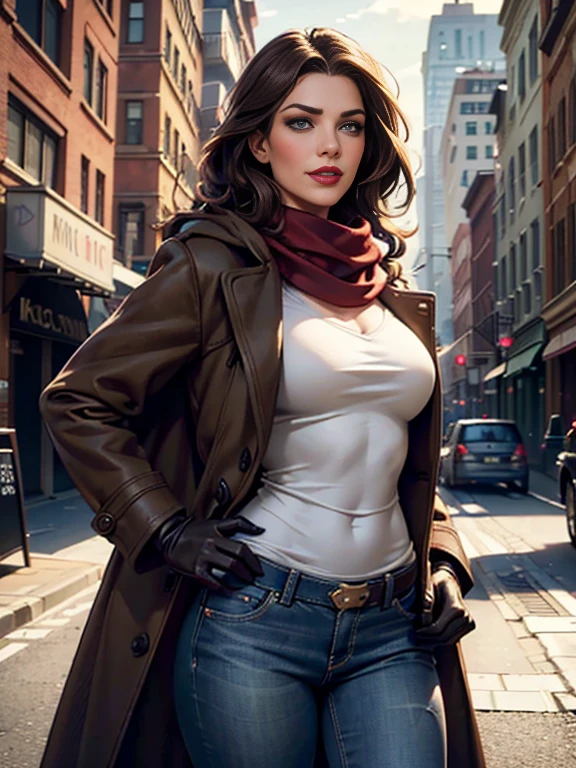 Kat Denningasterpiece:1.0), (Highest_quality:1.2), (Dark Shot:1.3), Classic Rogue, 1991 Rogue X-Men, 1 girl, Only 1, Head to Toe, standing on street corner, Elegant pose, (clothing: Brown winter coat, Brown color hood, Down lining, White scarf, gloves, jeans) Medium length hair, Brown Hair, Wavy Hair, One gray hair, Green Eyes, Mischievous look, Grin, Lips parted, Red lipstick, Heavy makeup, Confident expression, Backlight, (realism: 1.5), (Realistic: 1.4), (Disorganized:1.4), 8k, Very detailed, Detailed beautiful woman, (background: Midnight, it's snowing, On the streets of New York, Snowy Night), Official Art, Very detailed CG Unity 8k wallpaper, Perfect lighting, colorful, 超High resolution, photograph, 8k, High resolution, Kodak Portrait 400, Film Grain, blurry background, (Bokeh:1.2), (Vibrant_color:1.2), Film Grain:1.2, (Warm colors, Warm Tones:1.2), (color photo), Professional Photograph