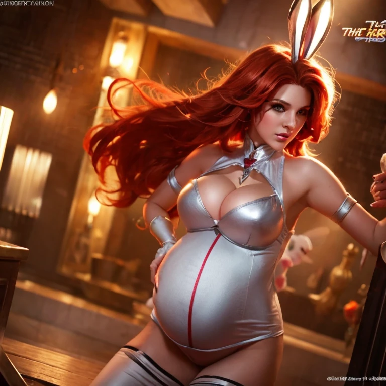 pregnant battle bunny miss Fortune, tight bodysuit, red hair, cleavage, wants to have sex with me
